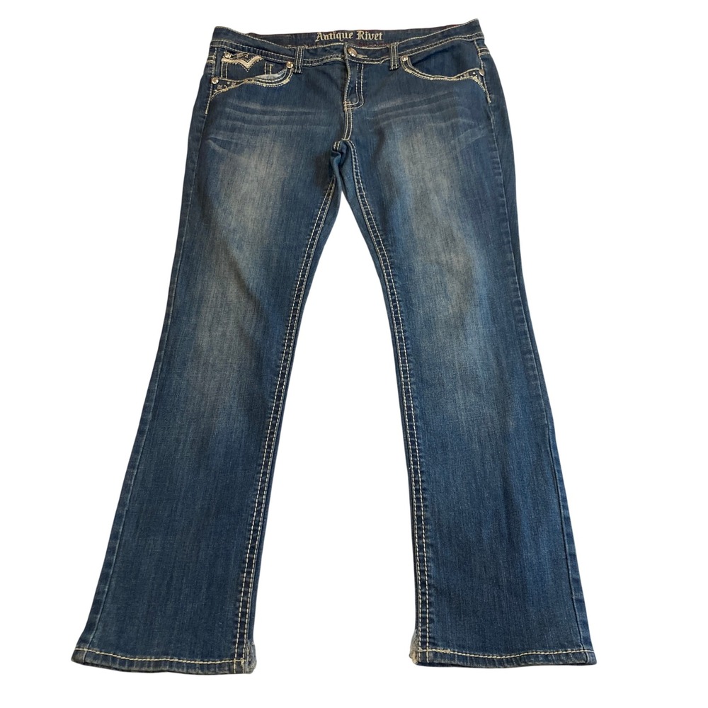 Antique Rivet Womens 36 Bootcut Jeans Blue‎ Embroidered Rhinestone Pocket Y2K